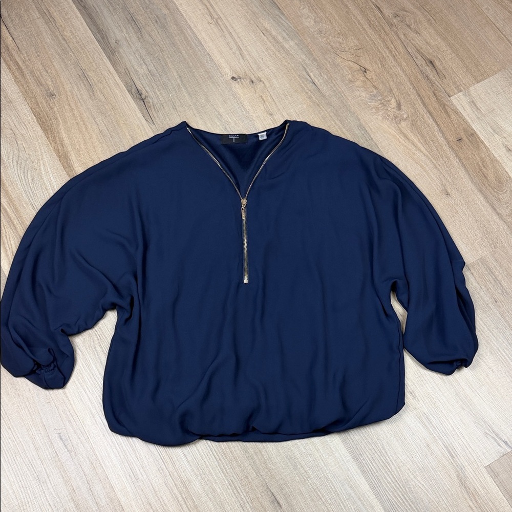 Tahari Navy Blouse Top‎ Dolman Sleeves Front Zip Dressy Women's Size Medium
